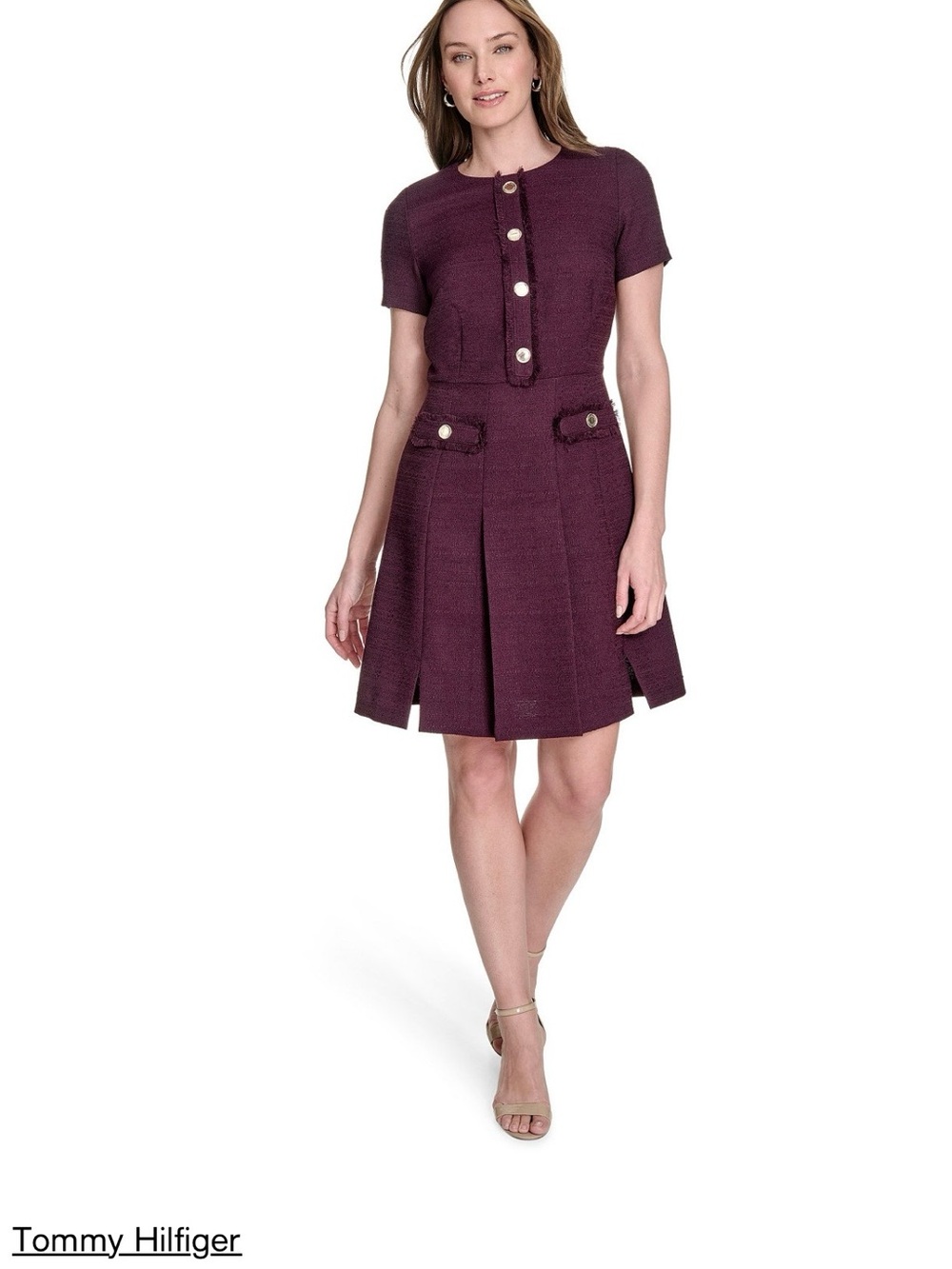 Tommy Hilfiger Plum Short-Sleeve Pleated Mini Dress with Gold Buttons